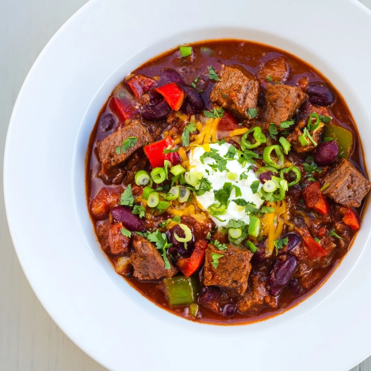 Close-up of hearty Winter Warming Chili con Carne; a comforting stew perfect for a chilly evening.