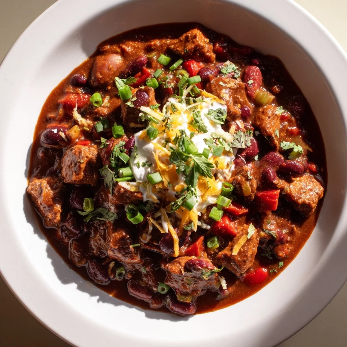 Delicious, thick and savory Winter Warming Chili con Carne in a bowl, ready to be enjoyed.
