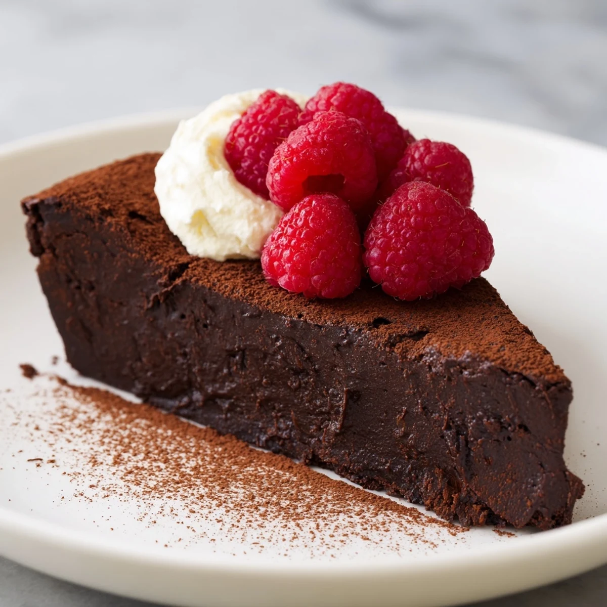 Warm, rich slice of decadent flourless chocolate cake, perfect served with fresh berries and cream.