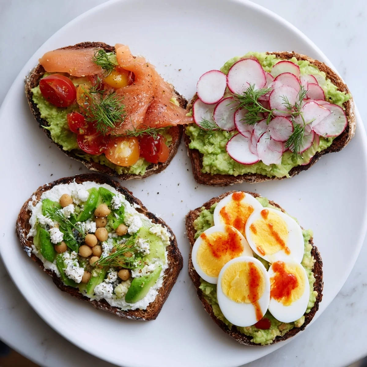 Golden-brown sourdough topped with creamy avocado toast four ways, a delicious, vibrant lunch.