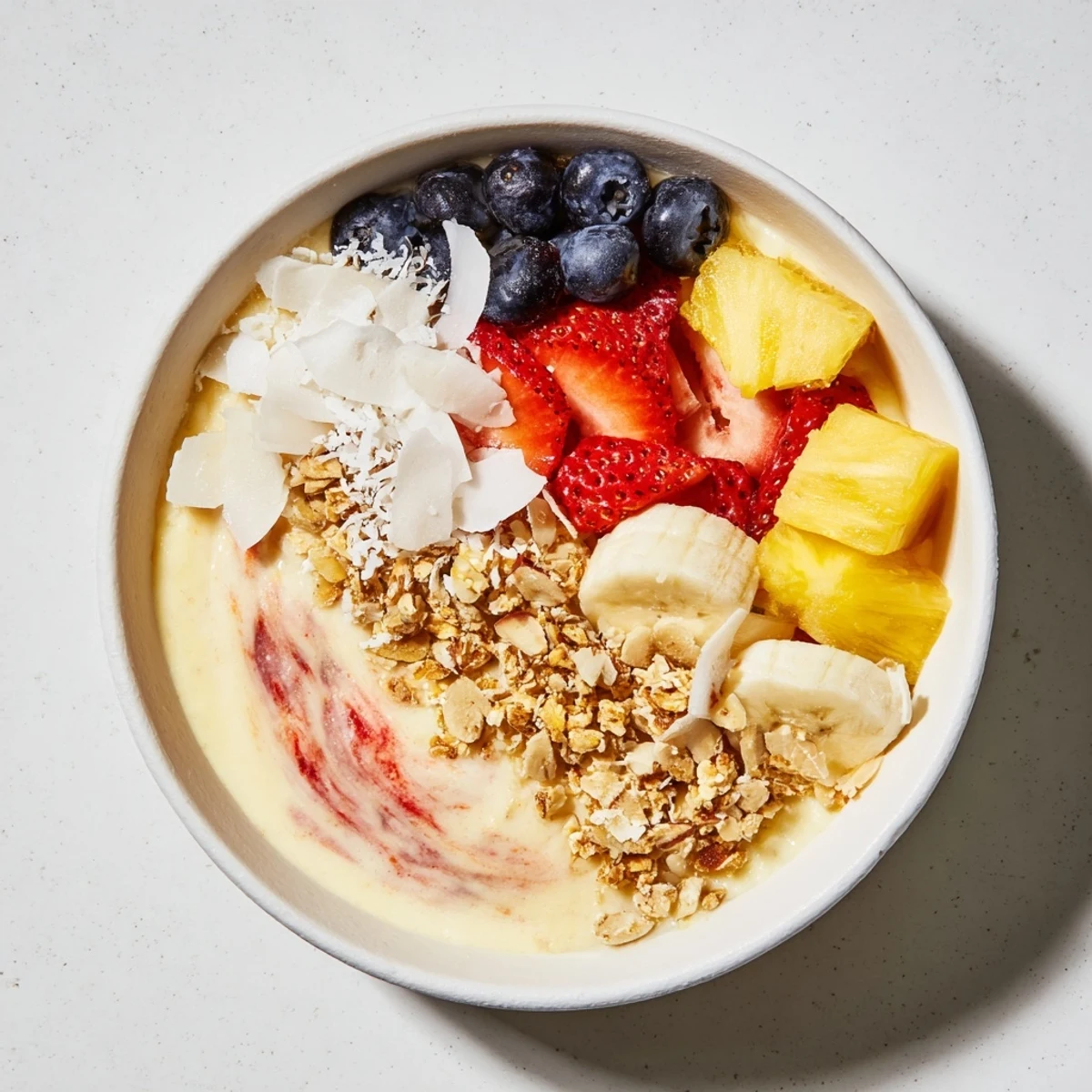Creamy Breakfast Smoothie Packs blended with greek yogurt, topped with granola and fresh berries.