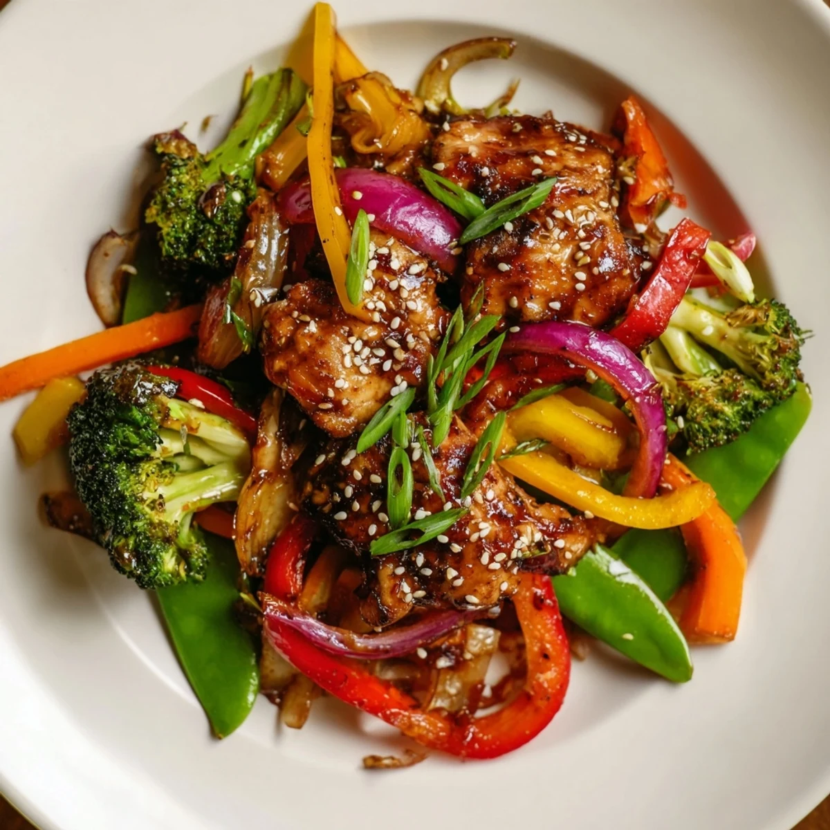 Sheet pan chicken stir-fry with glistening vegetables and perfectly cooked chicken pieces.