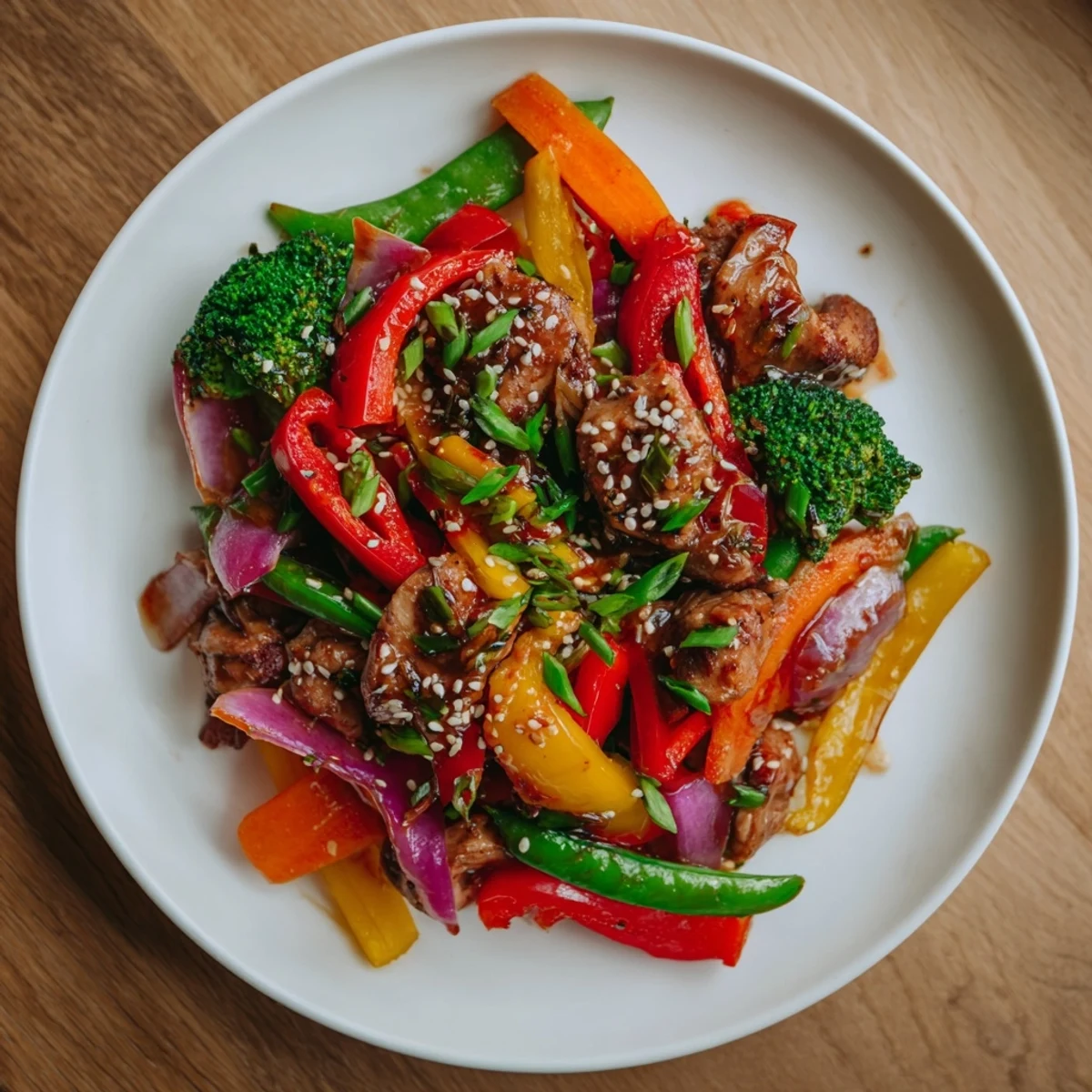 A close-up of sheet pan chicken stir-fry, showcasing colorful veggies and tender, juicy chicken.