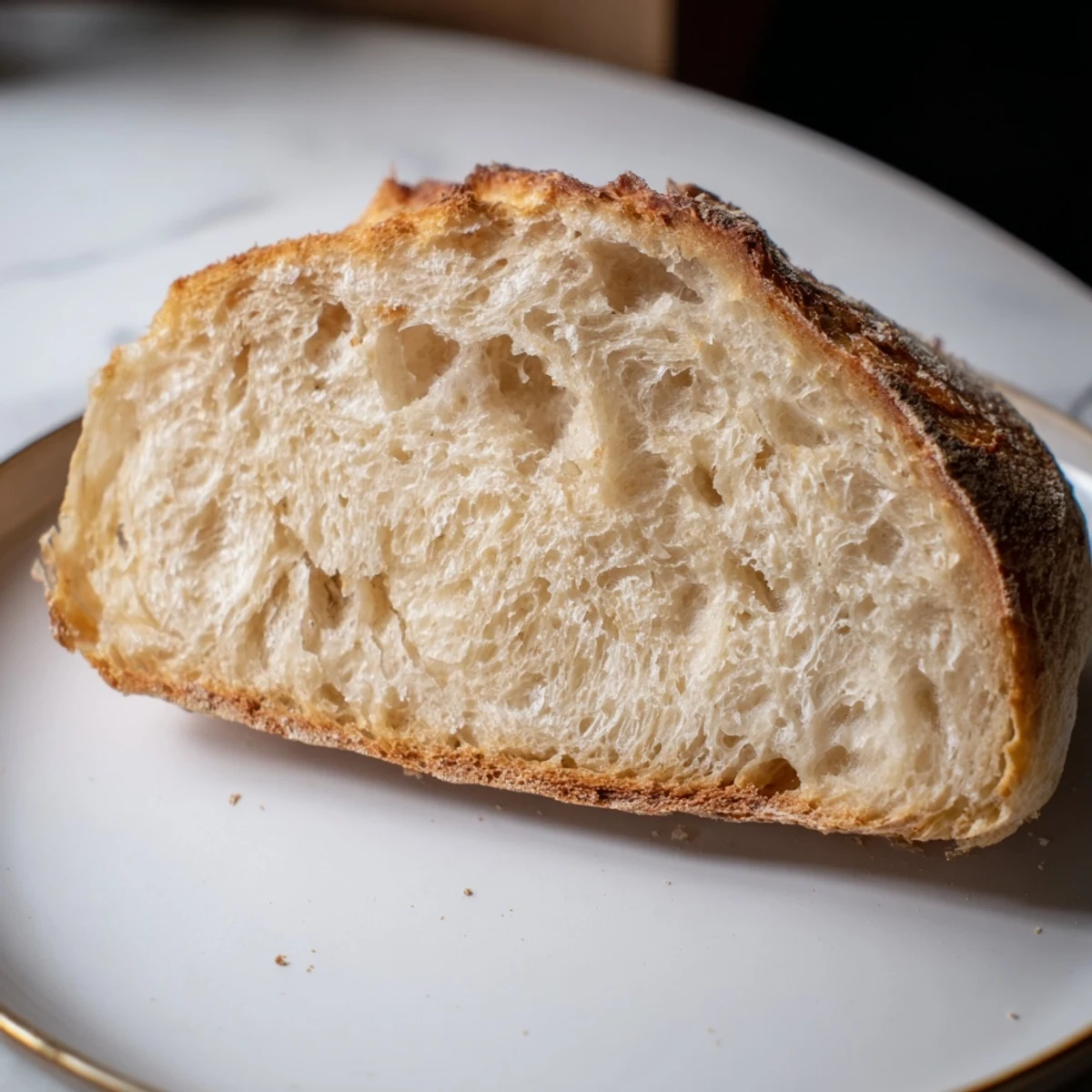 A close-up of The Best Easy No-Knead Bread, showing a perfect airy crumb texture.