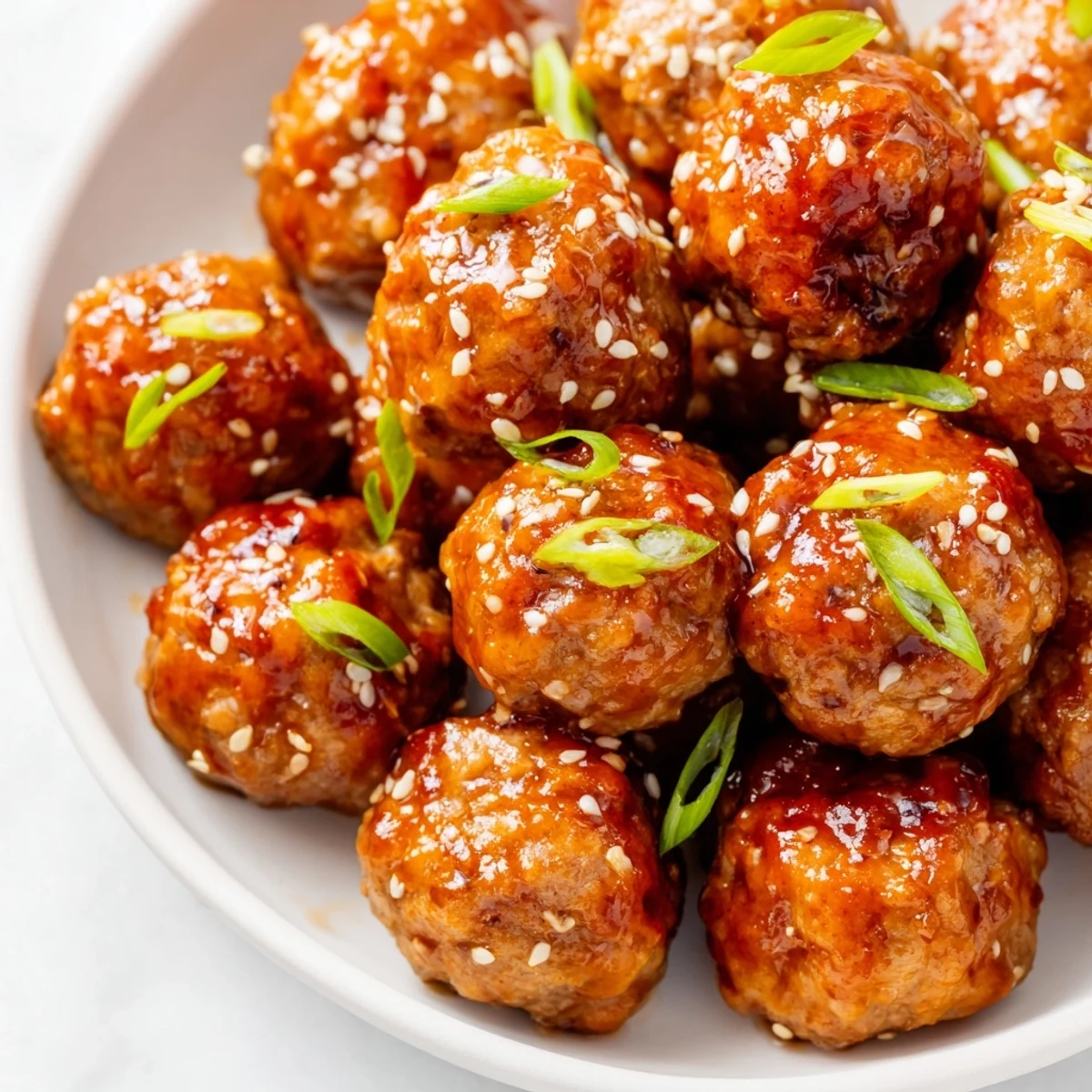 Golden, glazed Spicy Sriracha Honey Meatballs ready to serve, a perfect sweet and savory appetizer.