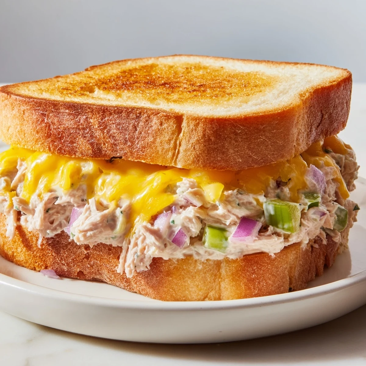 Melting cheddar and creamy tuna filling a perfectly grilled Classic Tuna Melt Sandwich, a satisfying comfort food.