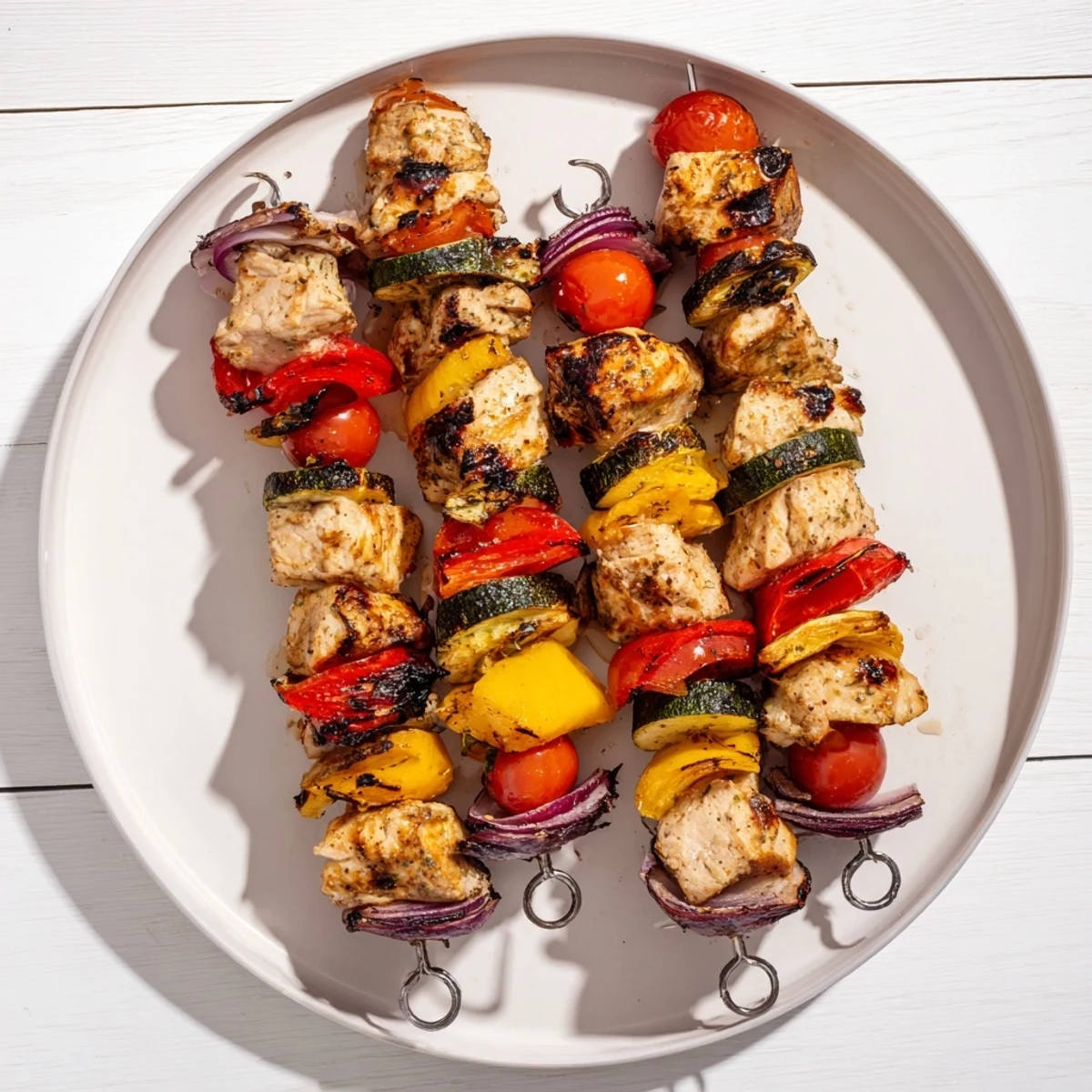 Grilled Chicken and Veggie Skewers with vibrant char marks, perfect for a flavorful summer cookout.