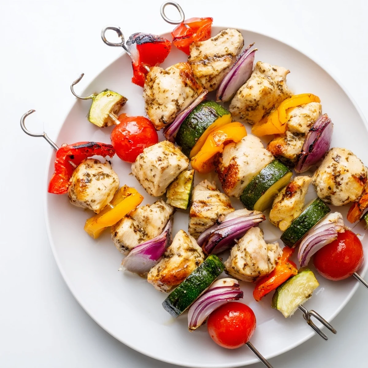 Juicy Chicken and Veggie Skewers, skewered with bell peppers and onions, served as a delicious, gluten-free meal.