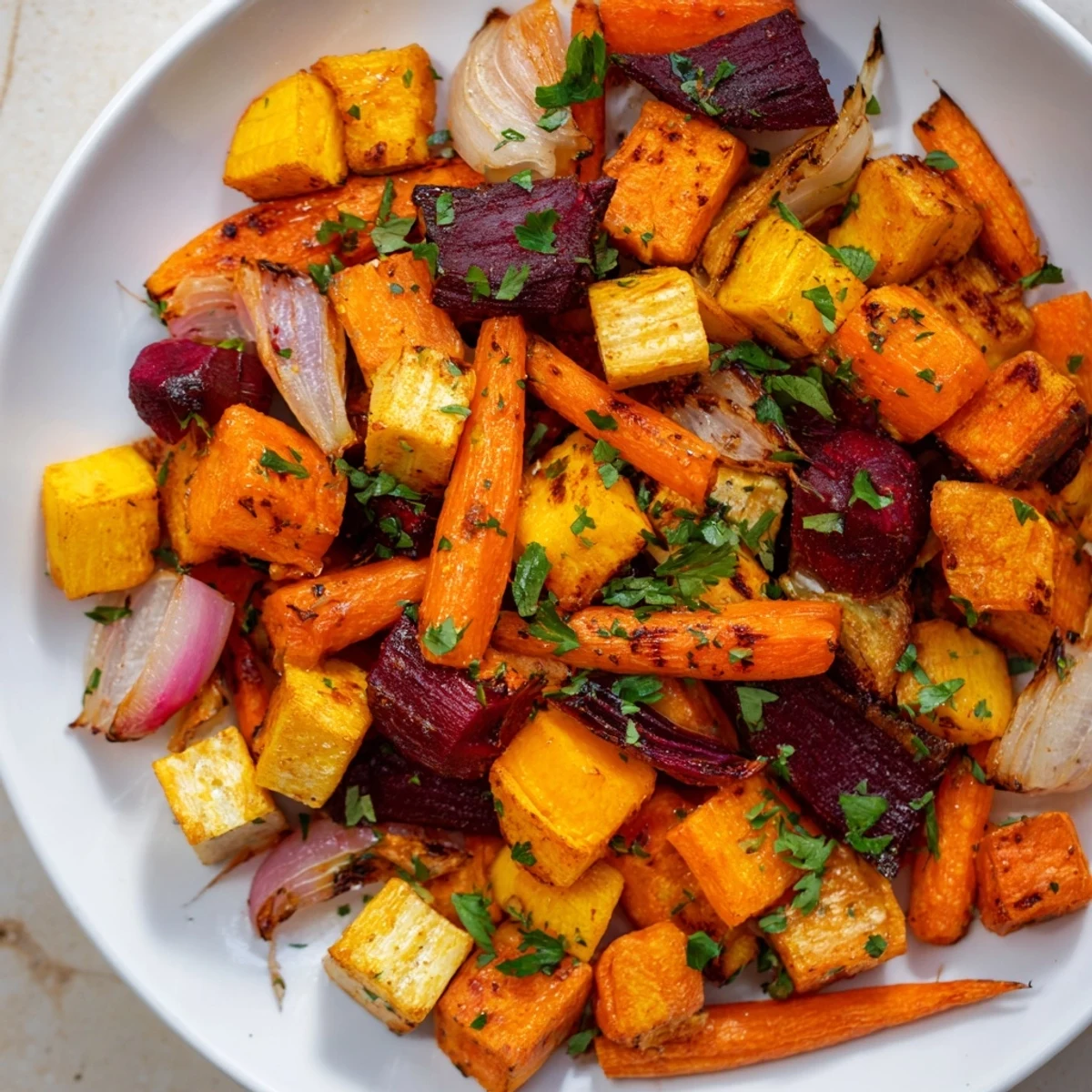 Tender, roasted root vegetable medley drizzled with balsamic glaze, a delicious vegetarian side.