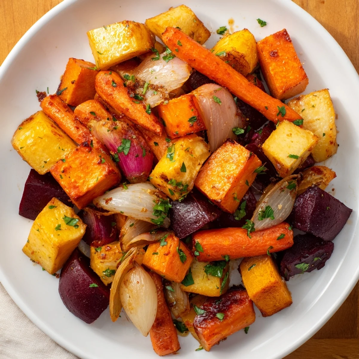 Savory and colorful, this roasted root vegetable medley is perfectly glazed and ready to serve.
