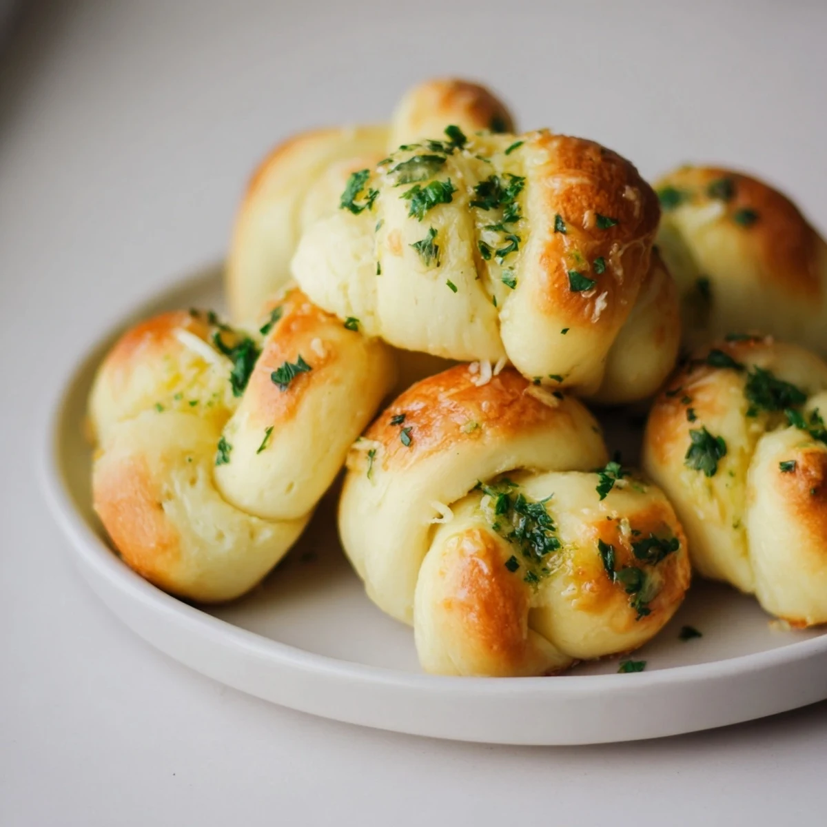 Golden-brown Homemade Garlic Knots, crispy on the outside and brushed with savory garlic butter.