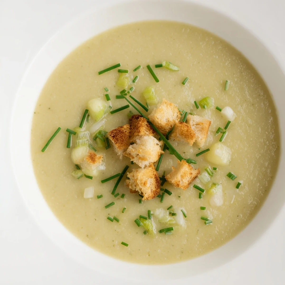 Enjoy a bowl of delicious Quick & Simple Potato and Leek Soup, garnished with fresh herbs and crunchy croutons.