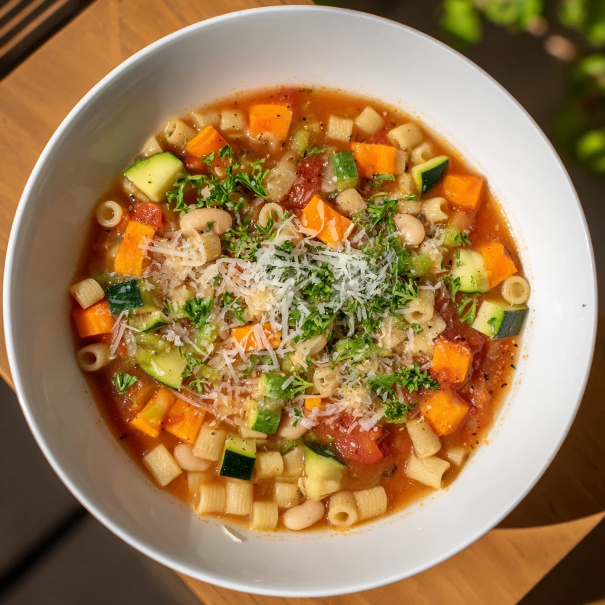 Steaming-hot one-pot minestrone soup, a vibrant Italian veggie dish, ready to savor.