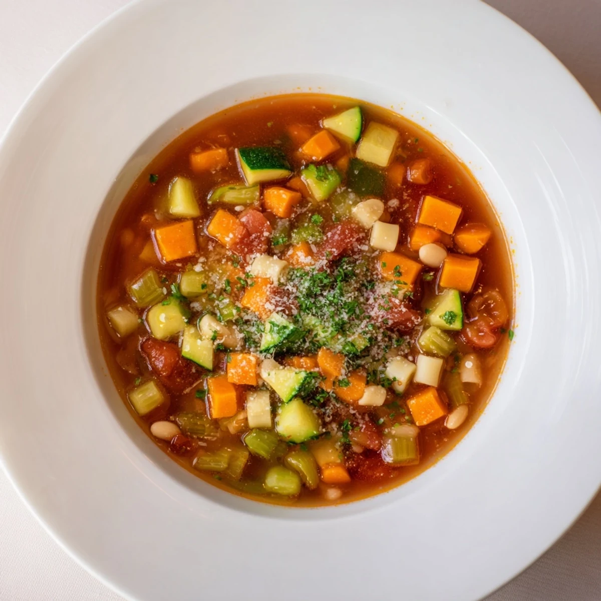 Close-up of a rustic bowl of simple one-pot minestrone soup with fresh herbs and Parmesan.