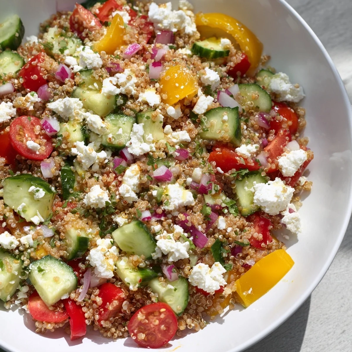 Make-Ahead Quinoa Salad with Lemon Vinaigrette showcases a colorful mix of ingredients, ready to eat.