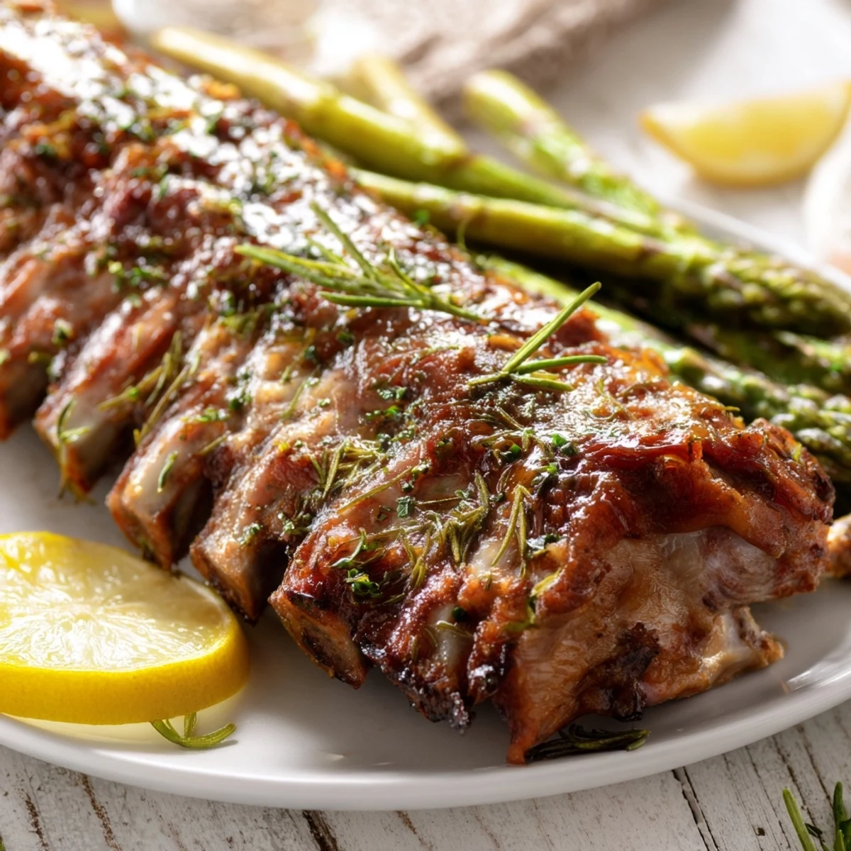 A complete meal: Roasted One-Pan Lemon Herb Pork Chops with lemon wedges and vibrant asparagus, a weeknight winner.