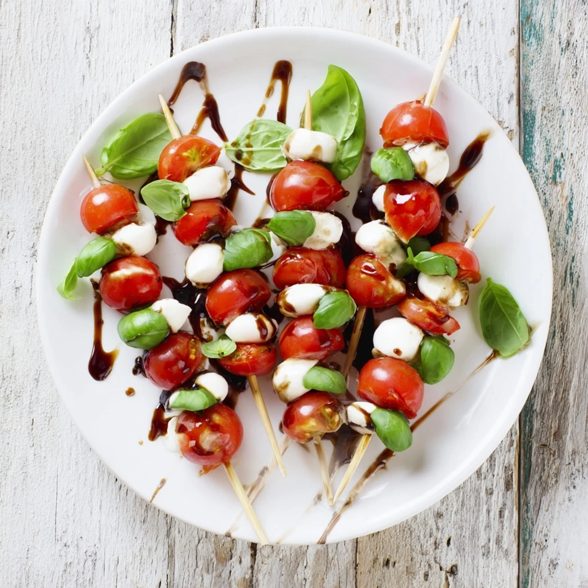 Bright red cherry tomatoes and creamy mozzarella shine on Fresh Caprese Salad Skewers ready to serve.