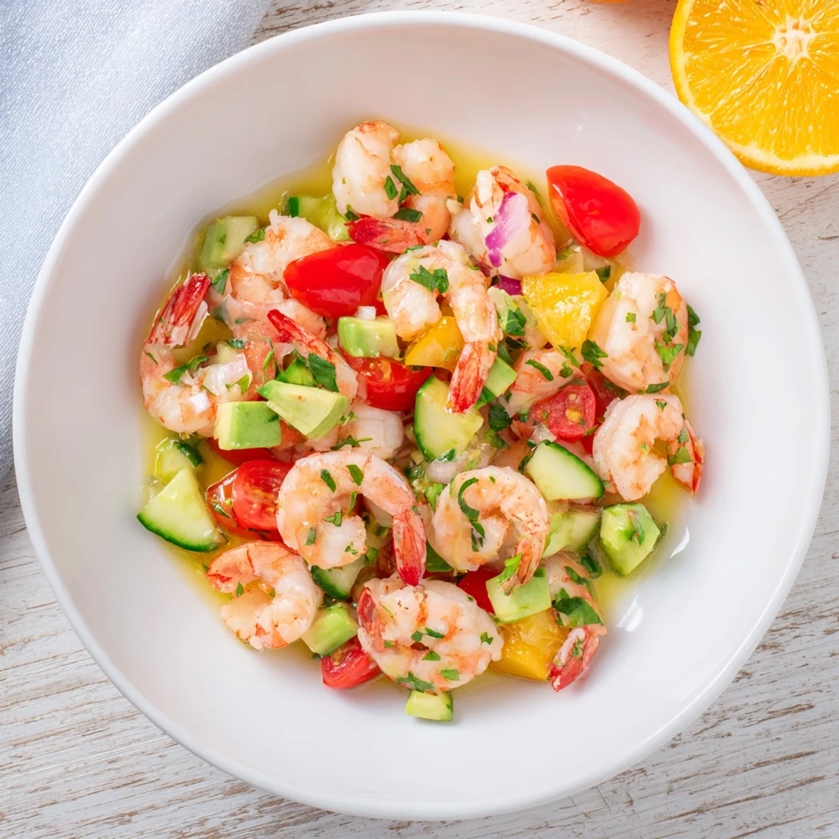 Tangy Light & Fresh Shrimp Ceviche displayed with cilantro garnishes and served with crispy tortilla chips for dipping.
