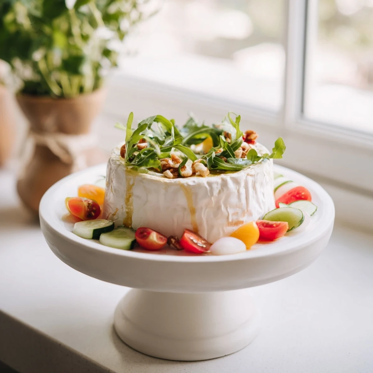 Artfully arranged zenith point salad with a soft cheese centerpiece, ready to serve and enjoy.