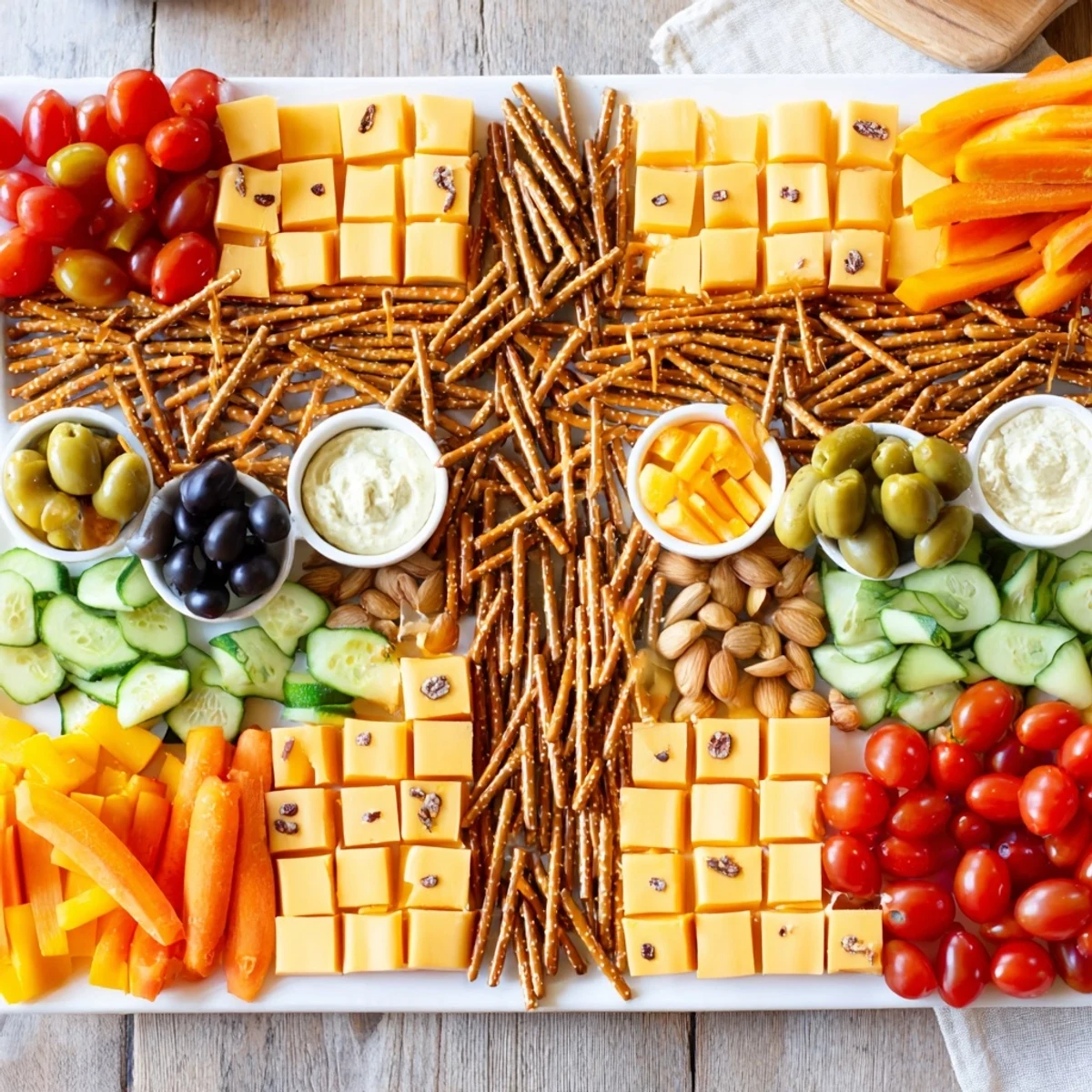 See a delicious Urban Grid, a veggie-filled snack platter with cubed cheese and pretzel "streets".