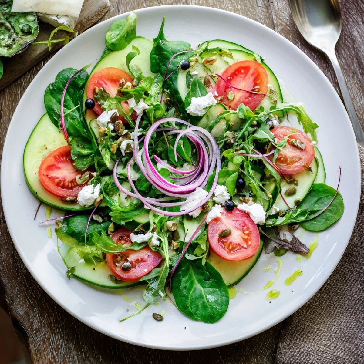 Fibonacci Fan Salad: A vibrant vegetarian salad arranged in a golden spiral, ready to enjoy.
