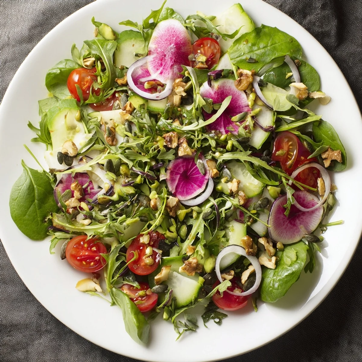 Golden spiral Fibonacci Fan Salad, illustrating an artistic arrangement with fresh produce, ready to be tossed.