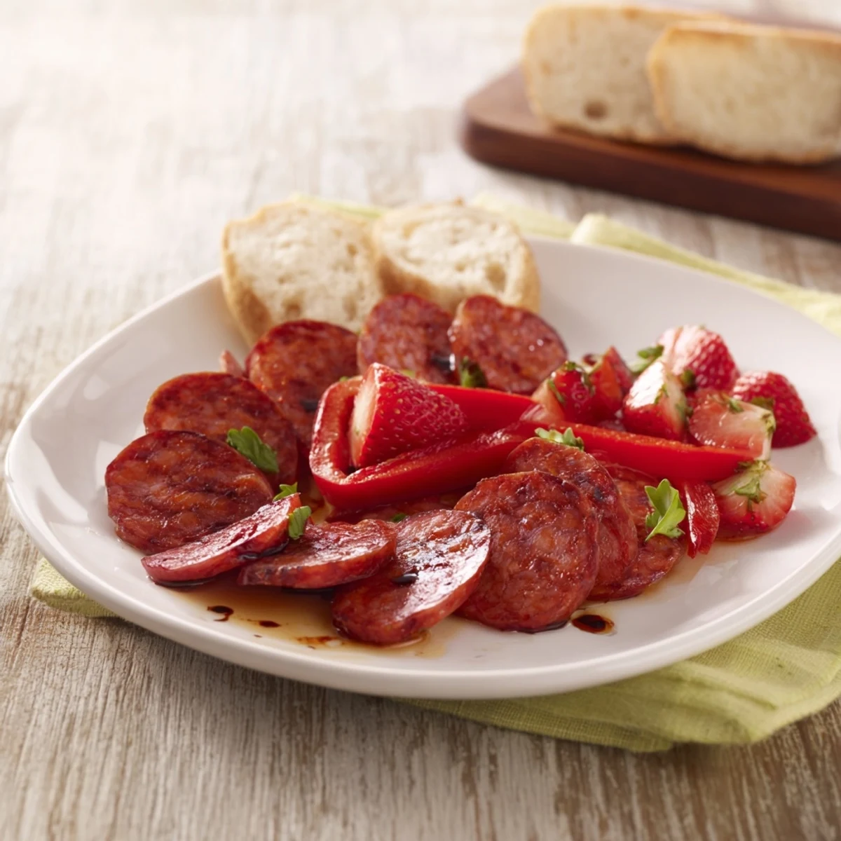 The Crimson Tide appetizer: Spicy chorizo, sweet cherries, and red peppers create a flavorful S-shape atop crackers.