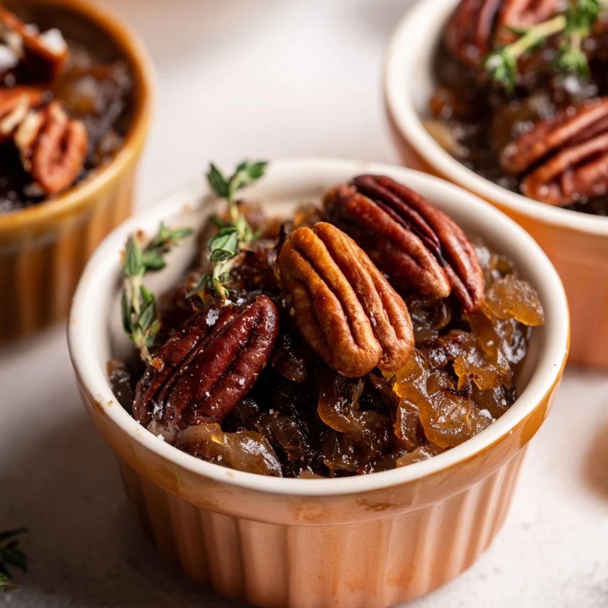 Golden brown Copper Kettle appetizer in copper ramekins, with caramelized onions and pecans.