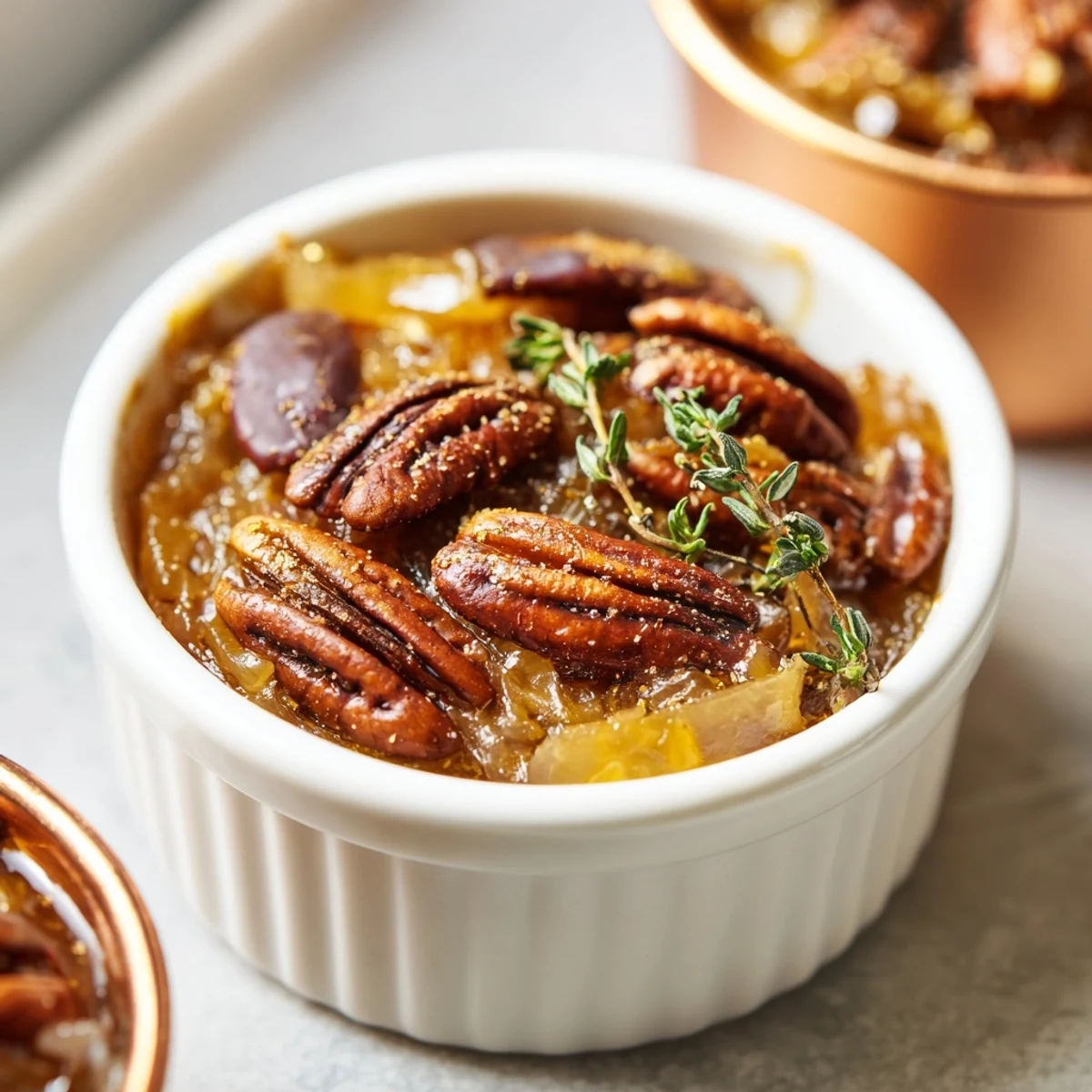 A close-up view of the savory Copper Kettle recipe, ready to serve with fresh thyme.