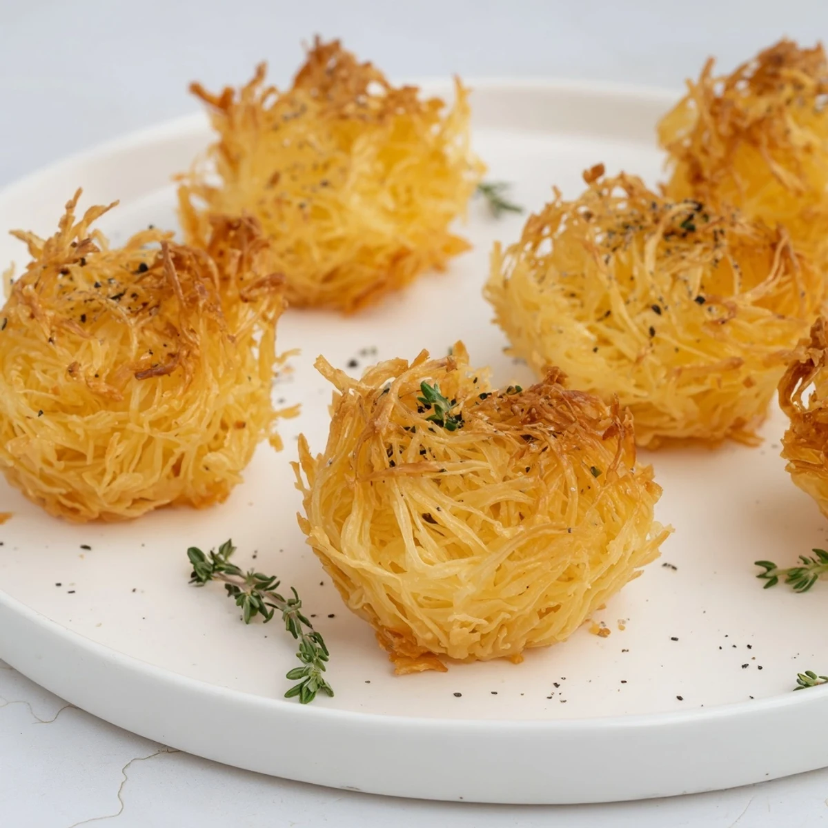 Appetizing close-up of The Rustic Barnyard appetizer: golden phyllo hay topped with creamy cheeses.