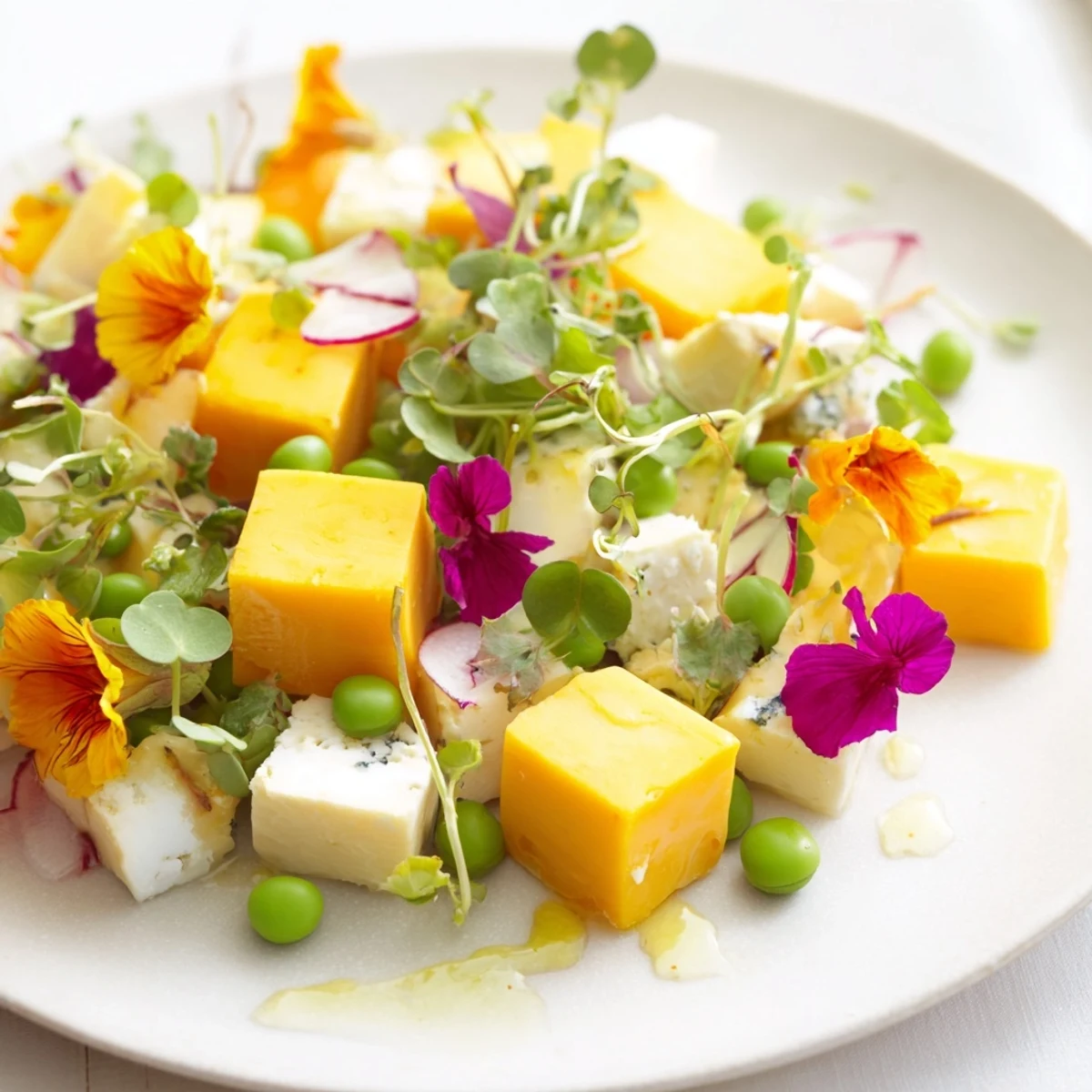 "The Secret Garden" appetizer with colorful edible flowers and microgreens, ready to serve as a starter.