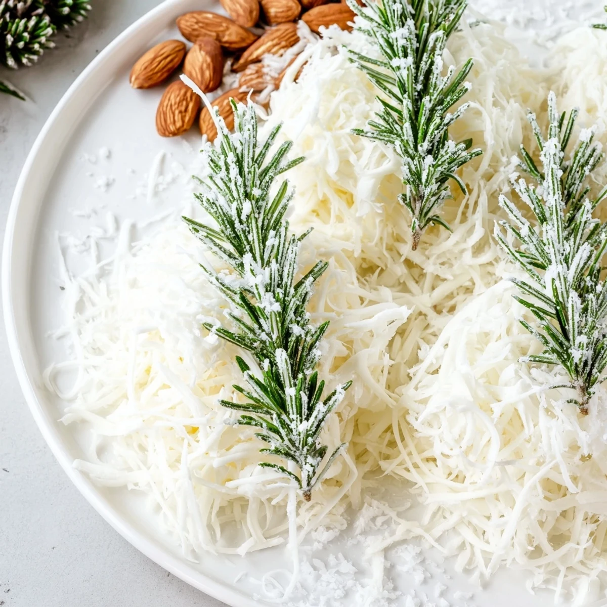 Sugared rosemary "frosted pines" grace a cheese board with fluffy cheddar snow, making a festive appetizer.