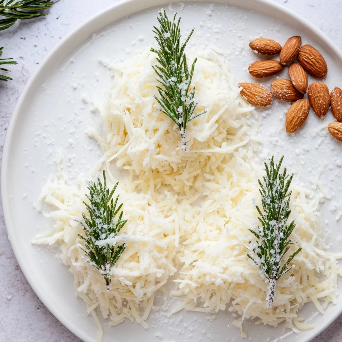 Enjoy the whimsical Frosted Pine appetizer, a cheese board featuring rosemary "trees" and snowy white cheddar.