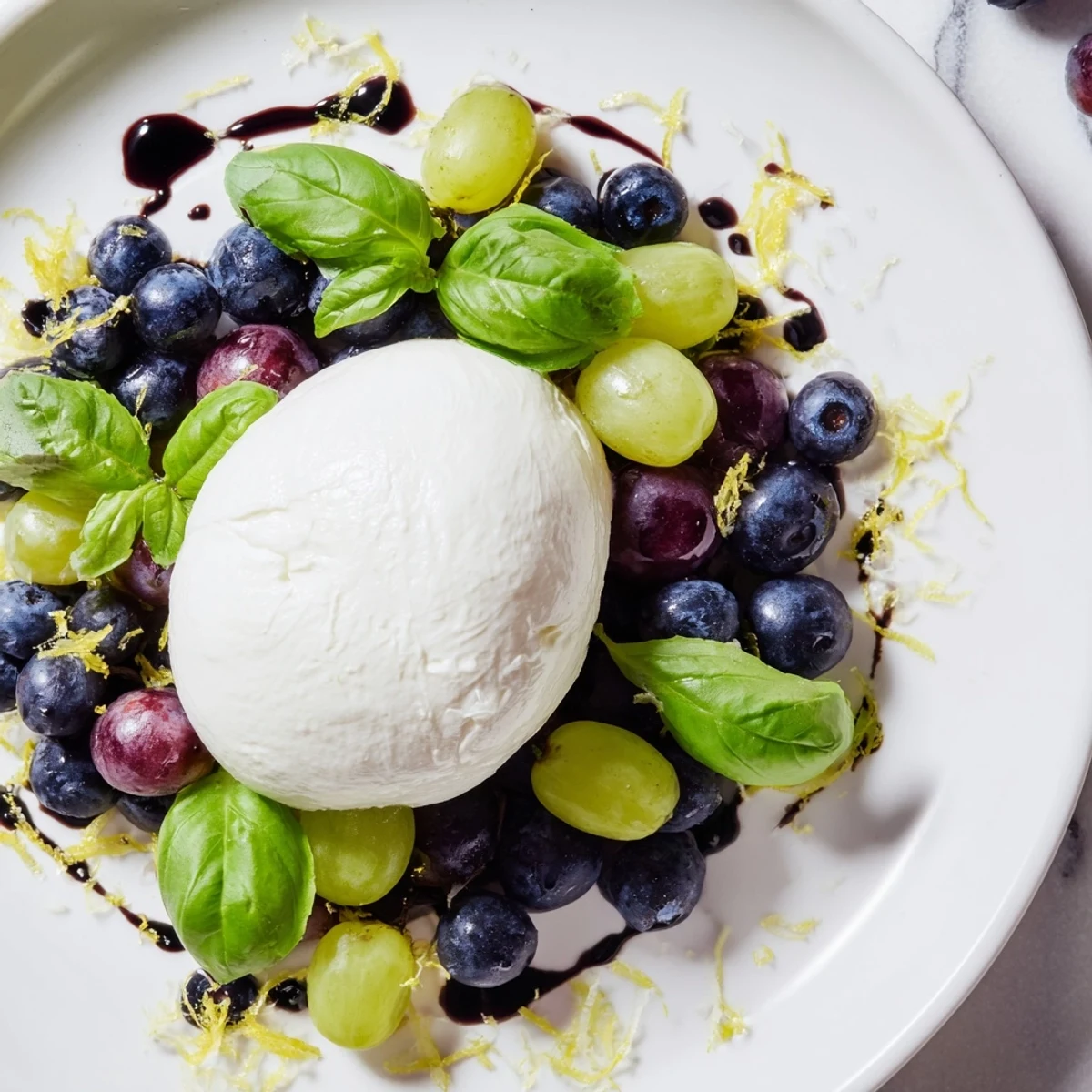 This Moonlit Lagoon salad showcases a creamy burrata moon surrounded by glistening dark berries.