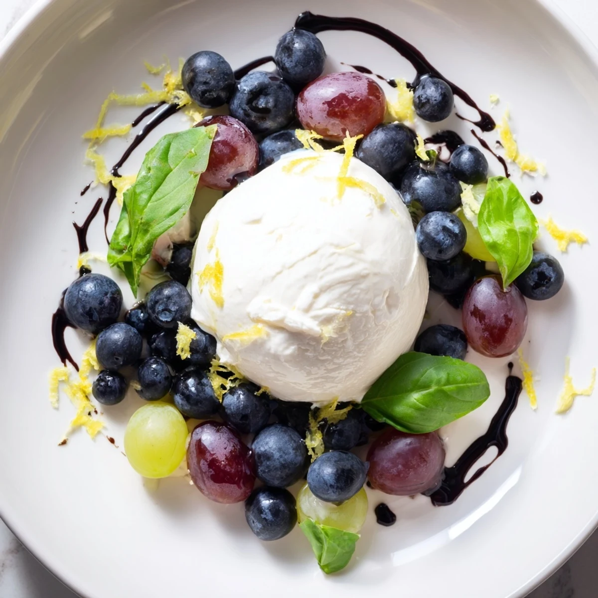 Moonlit Lagoon salad: vibrant blueberries and grapes orbit creamy burrata, drizzled with balsamic glaze.