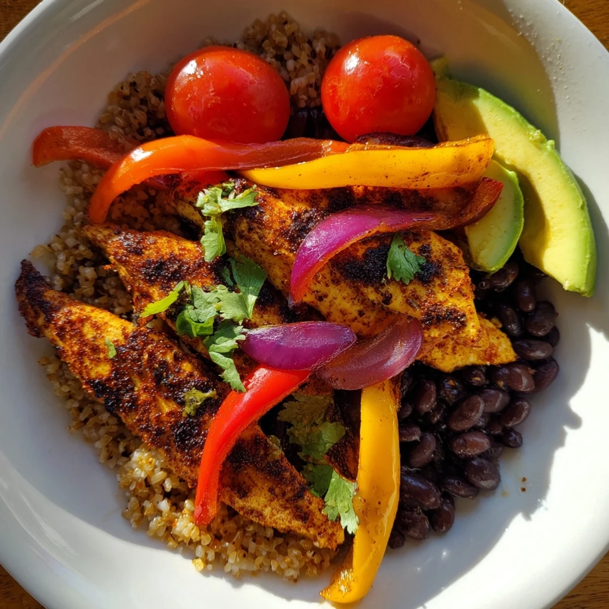 Make-Ahead Chicken Fajita Meal Prep Bowls feature tender chicken, colorful peppers, and rice with a squeeze of lime.