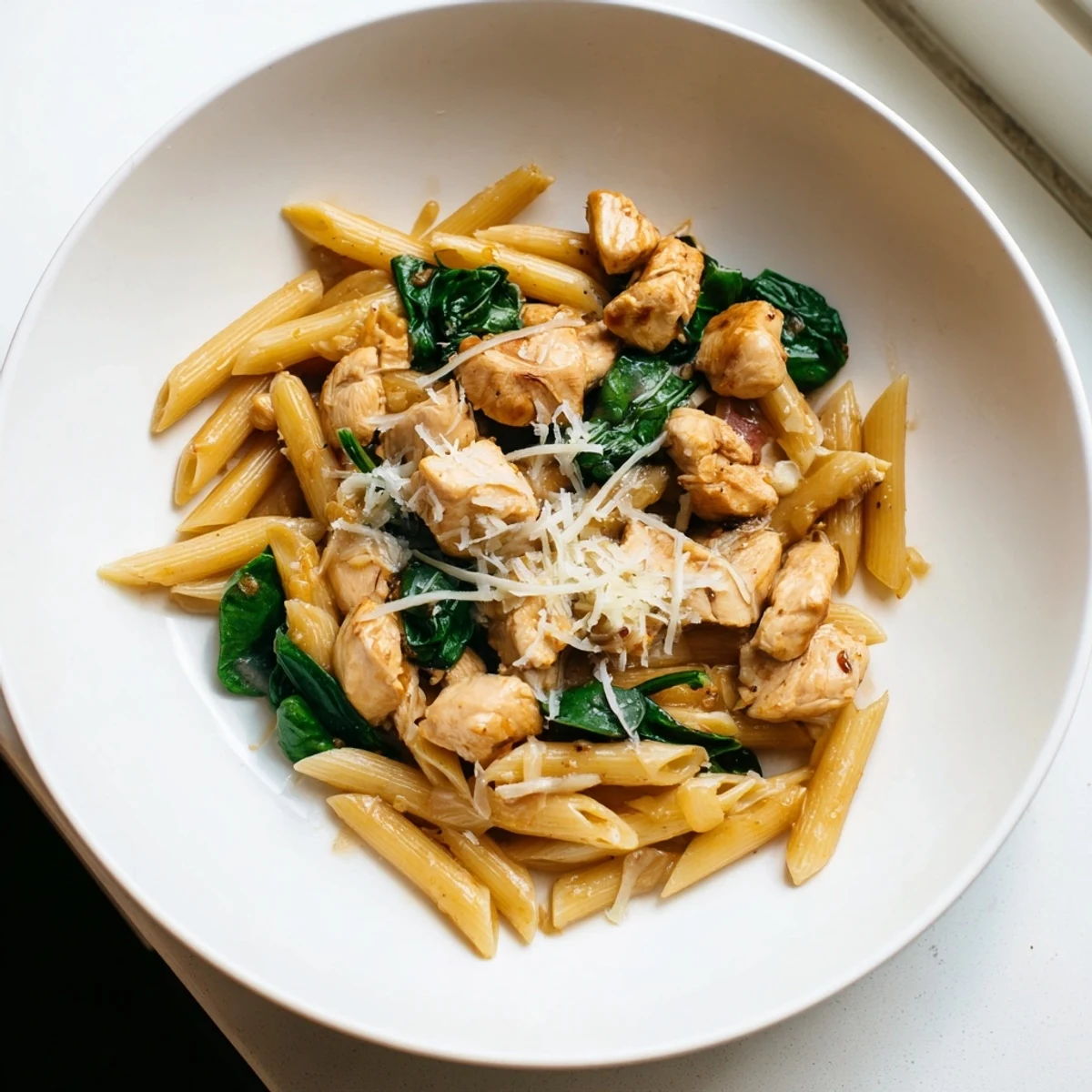 Steaming, one-pot spinach and chicken pasta, ready to serve with Parmesan and fresh herbs.