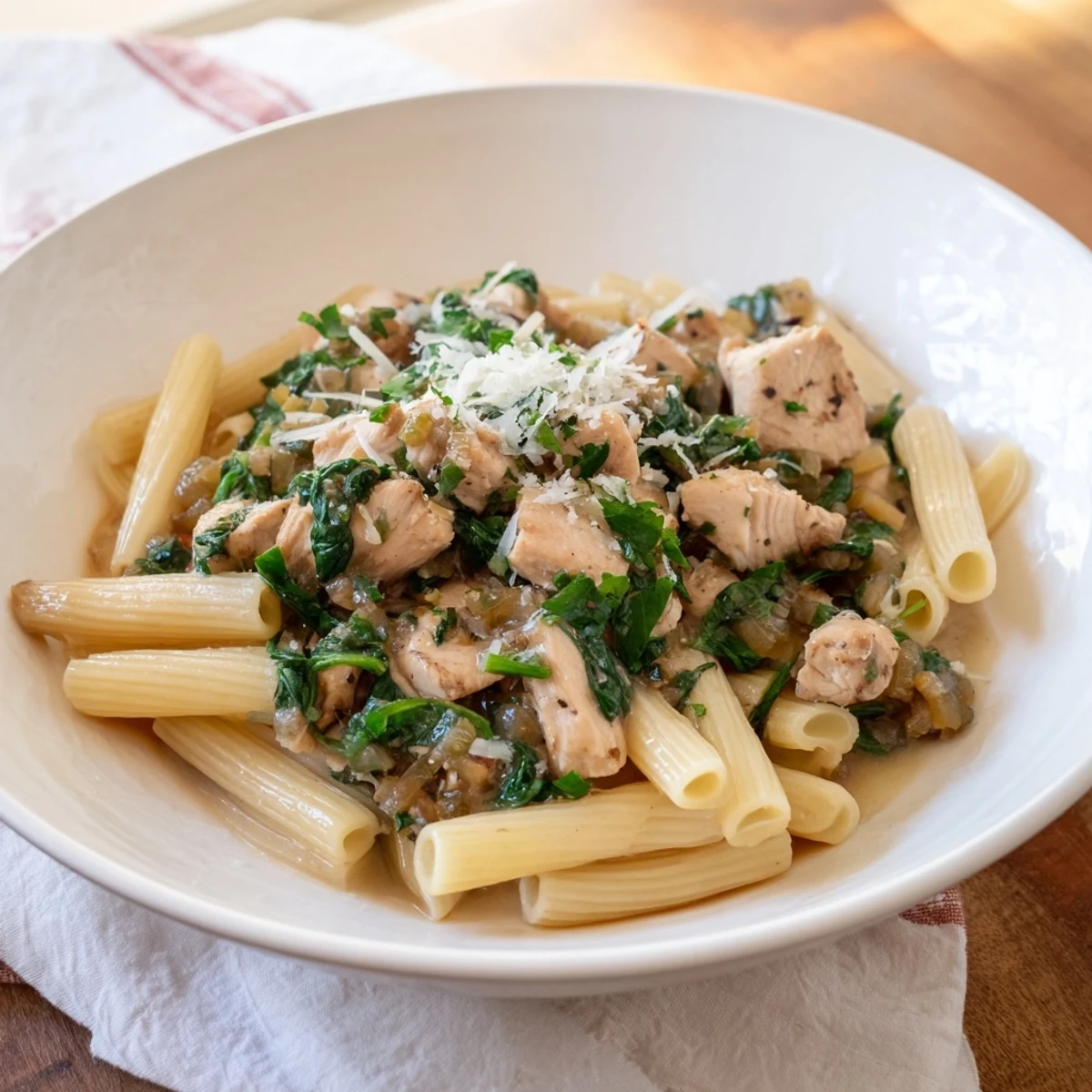 A close-up of a bowl of savory one-pot spinach and chicken pasta, creamy and hearty.