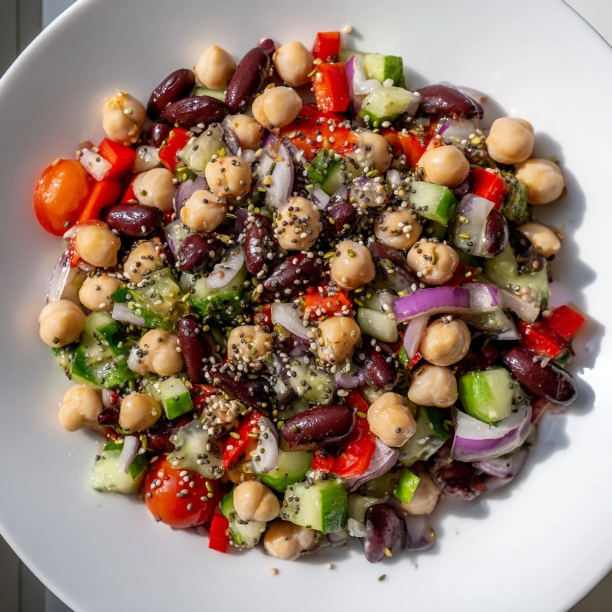 Vibrant Dense Bean Salad, a colorful mix of beans and seeds ready to serve.