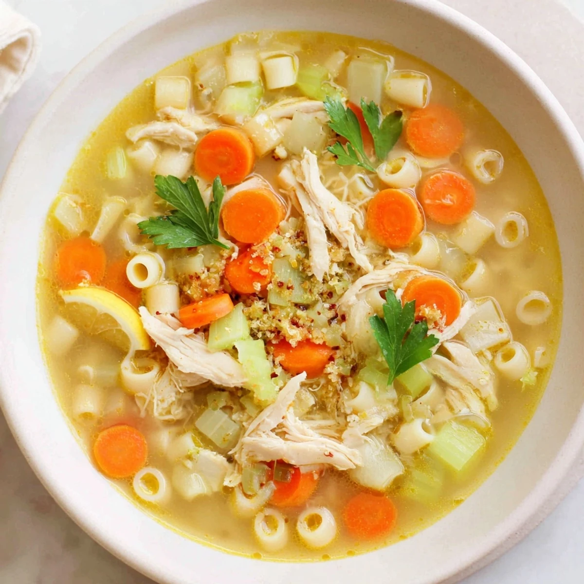 Steaming bowl of Chicken and Ditalini Flu Fighter Soup, garnished with fresh parsley and lemon wedges.
