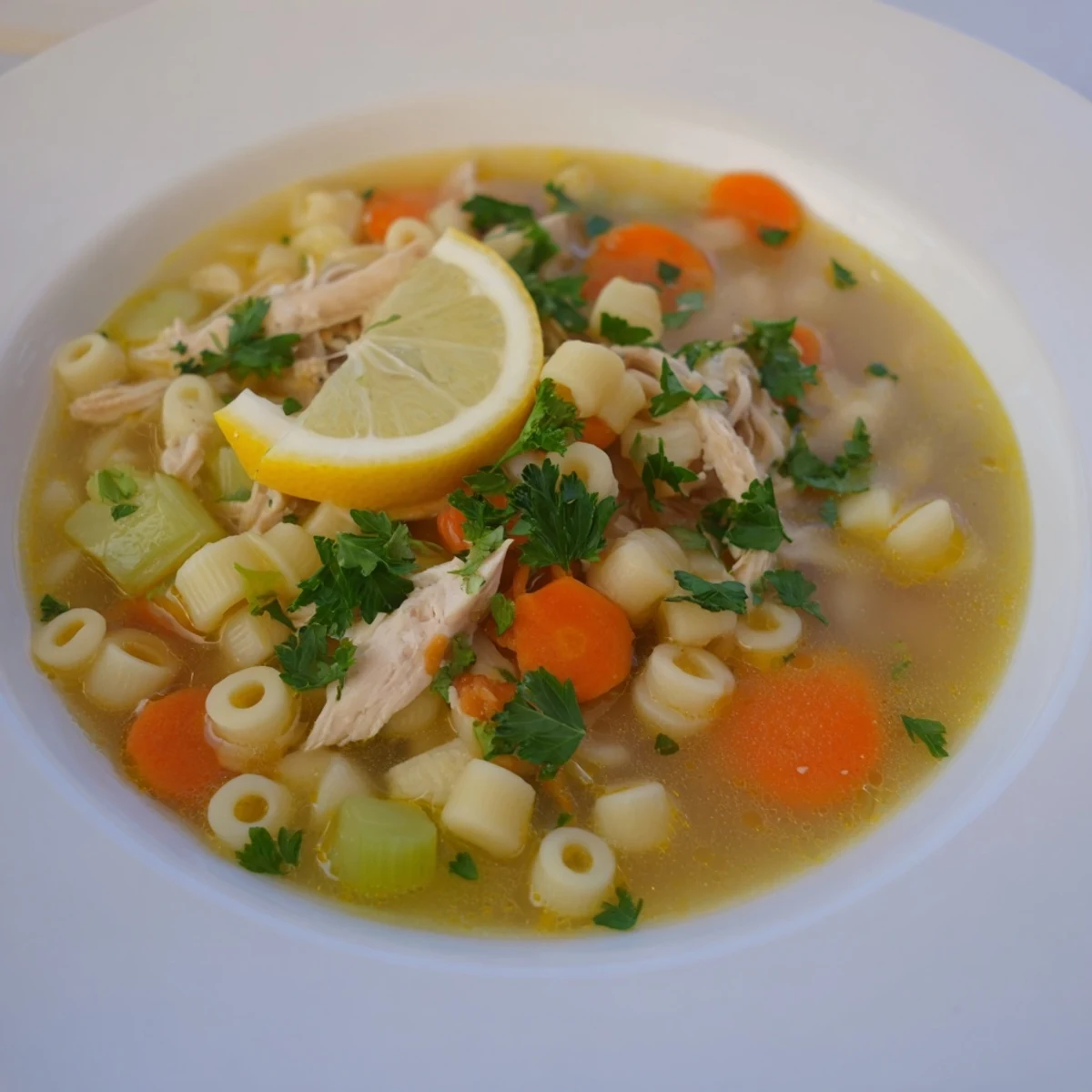 Warm spoonful of Chicken and Ditalini Flu Fighter Soup, a flavorful and nourishing American classic.
