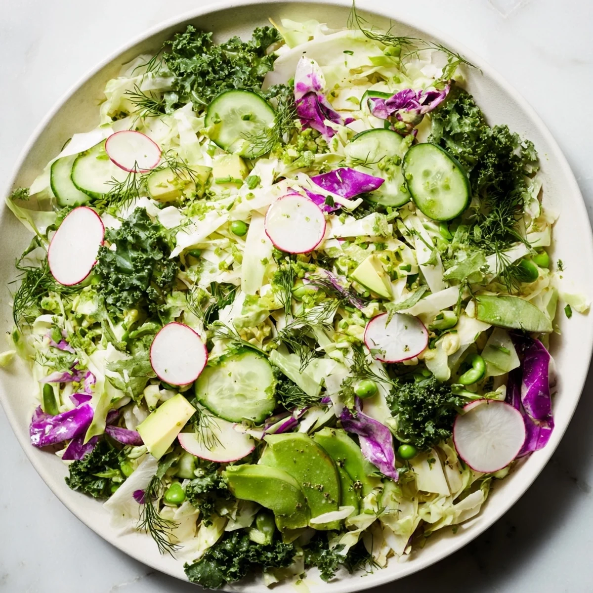 A colorful Green Goddess Detox Cabbage Salad with crunchy veggies and bright, tangy dressing, ready to enjoy.