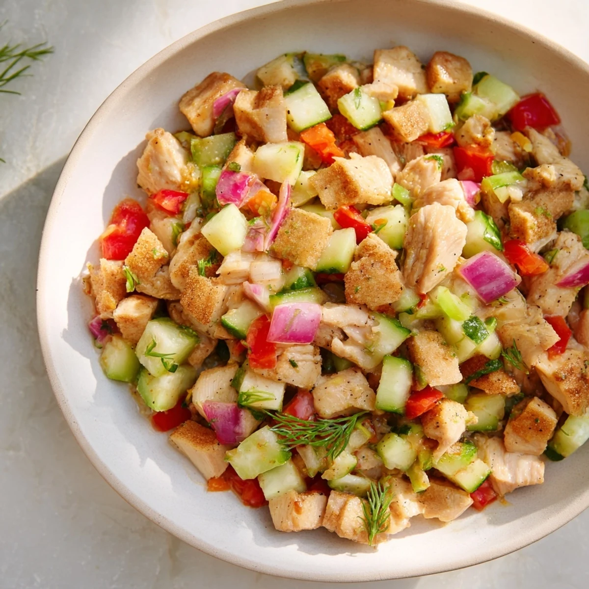 Cucumber and Chicken Clean Shaker salad shown, filled with colorful fresh vegetables and tender chicken.