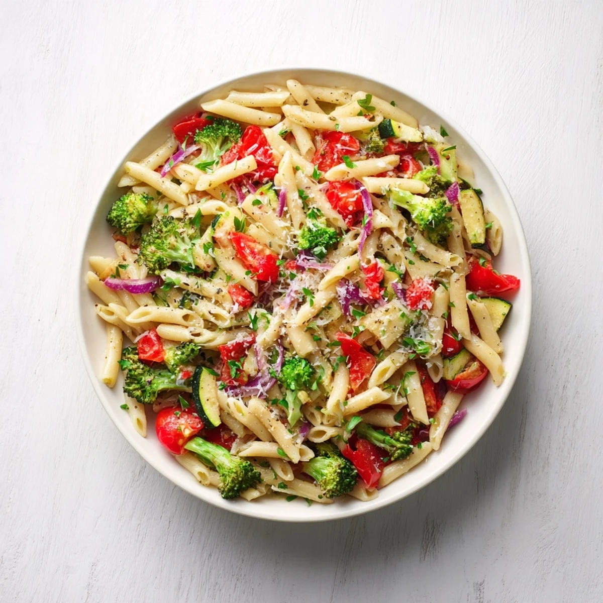 Steaming bowl of Ditalini with Air-Fried Vegetables, ready to enjoy with a sprinkle of fresh herbs.