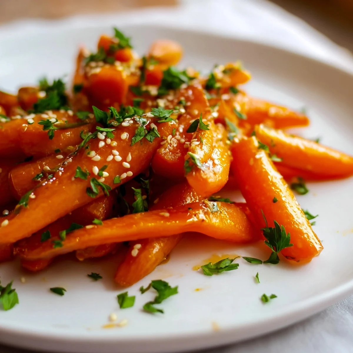 Golden-brown Maple Mustard Roasted Carrots, glistening from the sweet glaze, ready to serve.