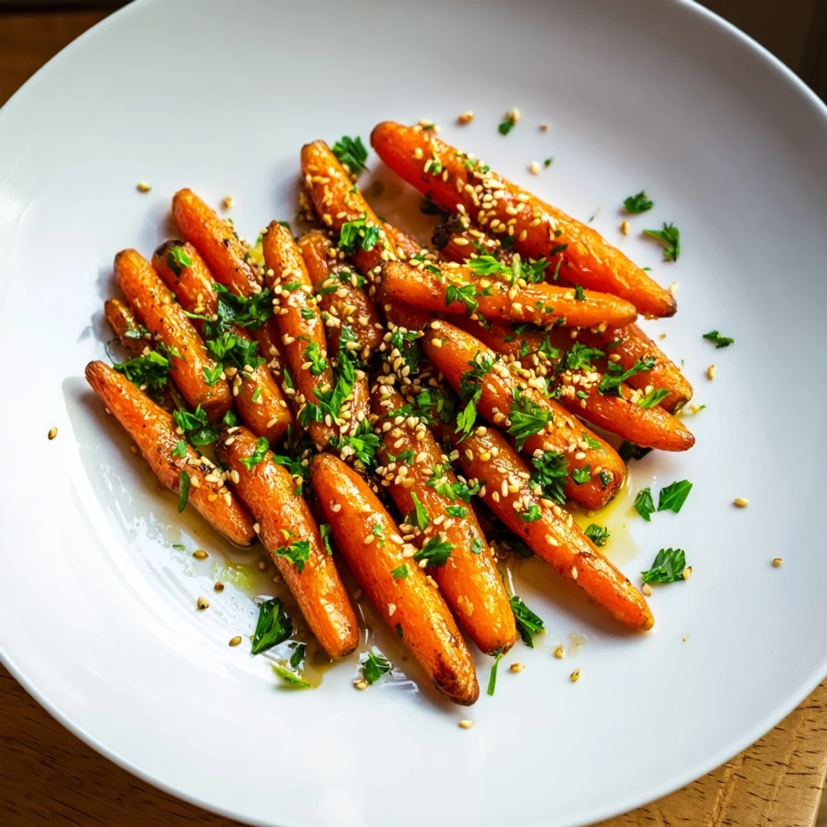 Close-up of vibrant Maple Mustard Roasted Carrots, showcasing the delicious glaze and roasted texture.