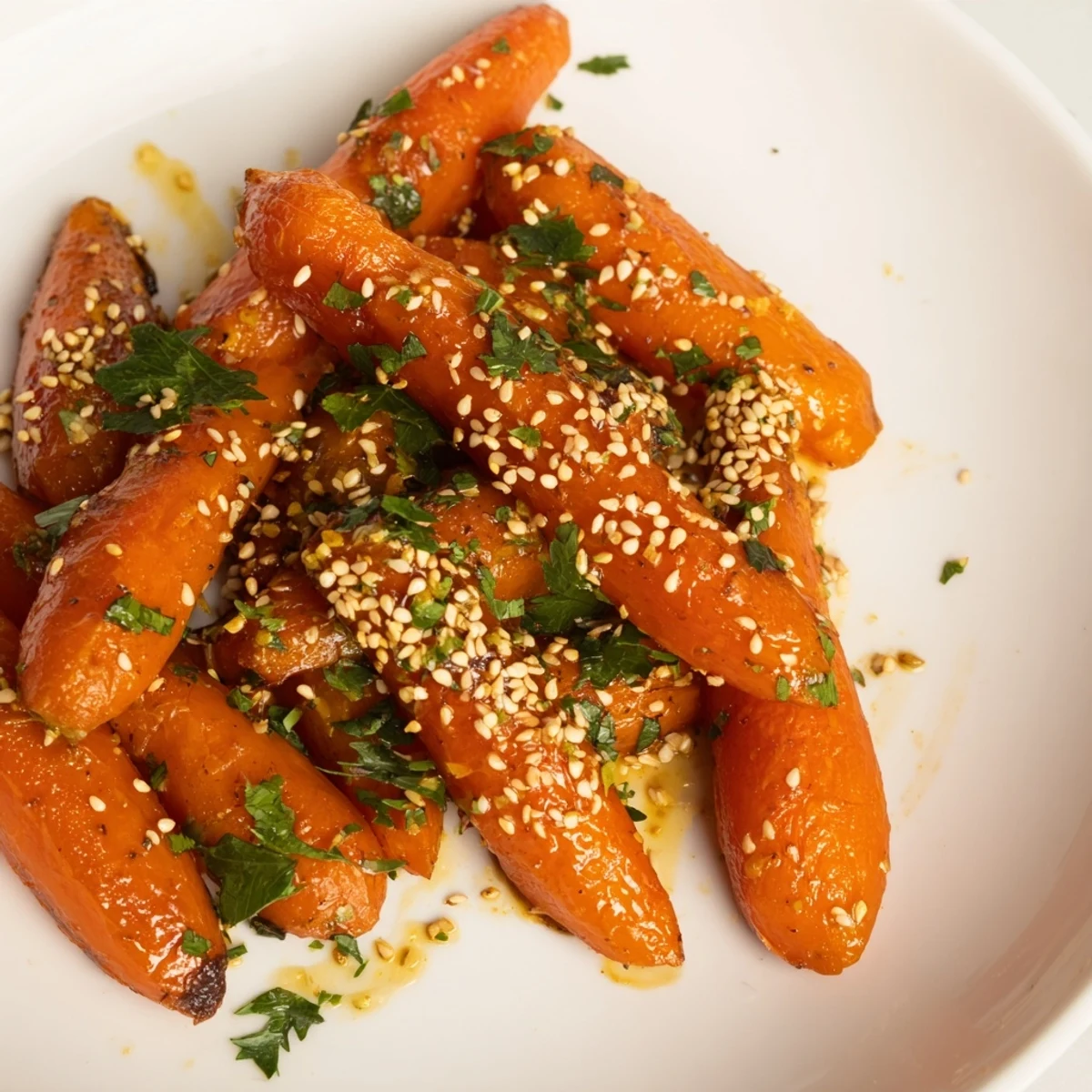 Tender, caramelized Maple Mustard Roasted Carrots arranged on a platter, ready to enjoy.