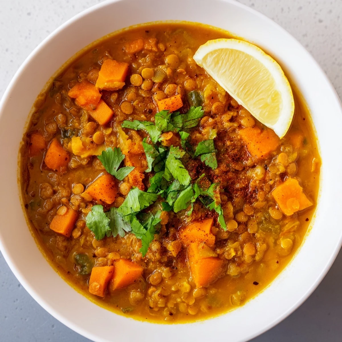 Steaming bowl of Spiced Carrot Lentil Soup, vibrantly orange, garnished with fresh cilantro, ready to eat.