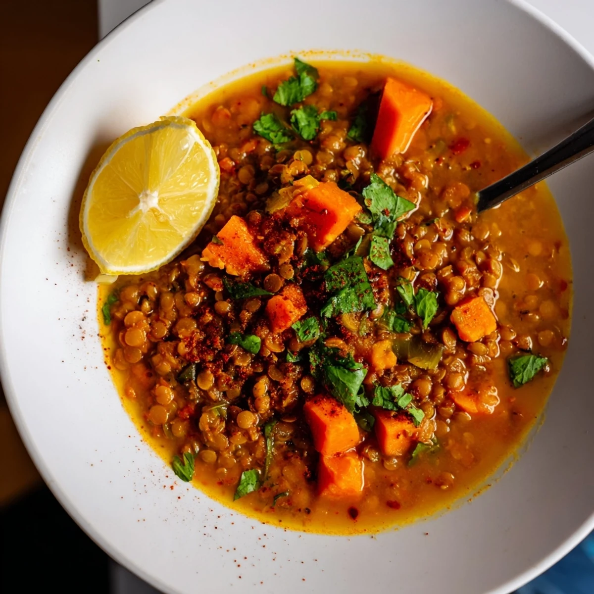 A visually delicious serving of homemade Spiced Carrot Lentil Soup, perfect for a flavorful, healthy lunch.