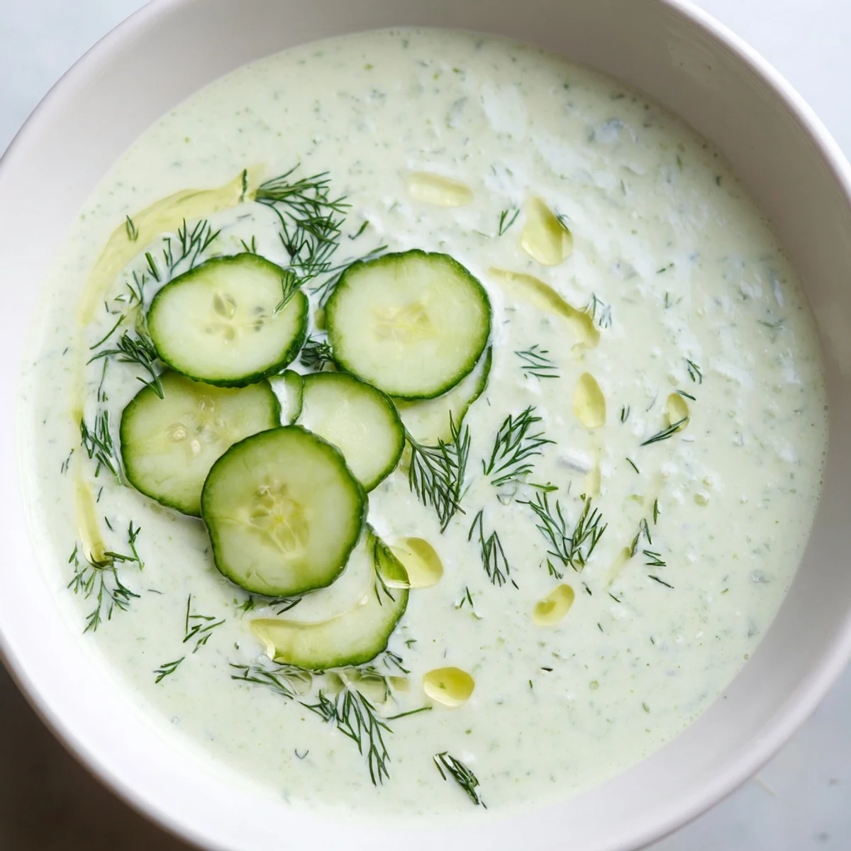 A chilled bowl of creamy Cucumber Garlic Soup, garnished with vibrant green herbs.
